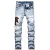 Mens Ripped Jeans - Light Blue Slim Fit Ripped Jeans with Letter Detail - Stretch Denim, Mid-Rise